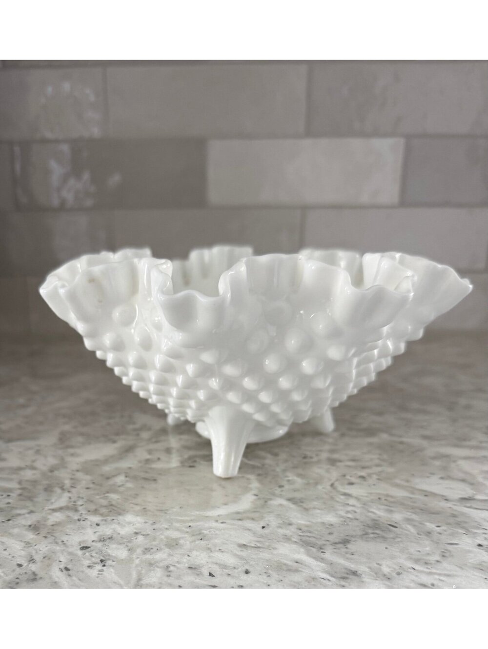 Vintage Milk Glass Hobnail Three Footed Ruffle Rim Candy Dish Bowl